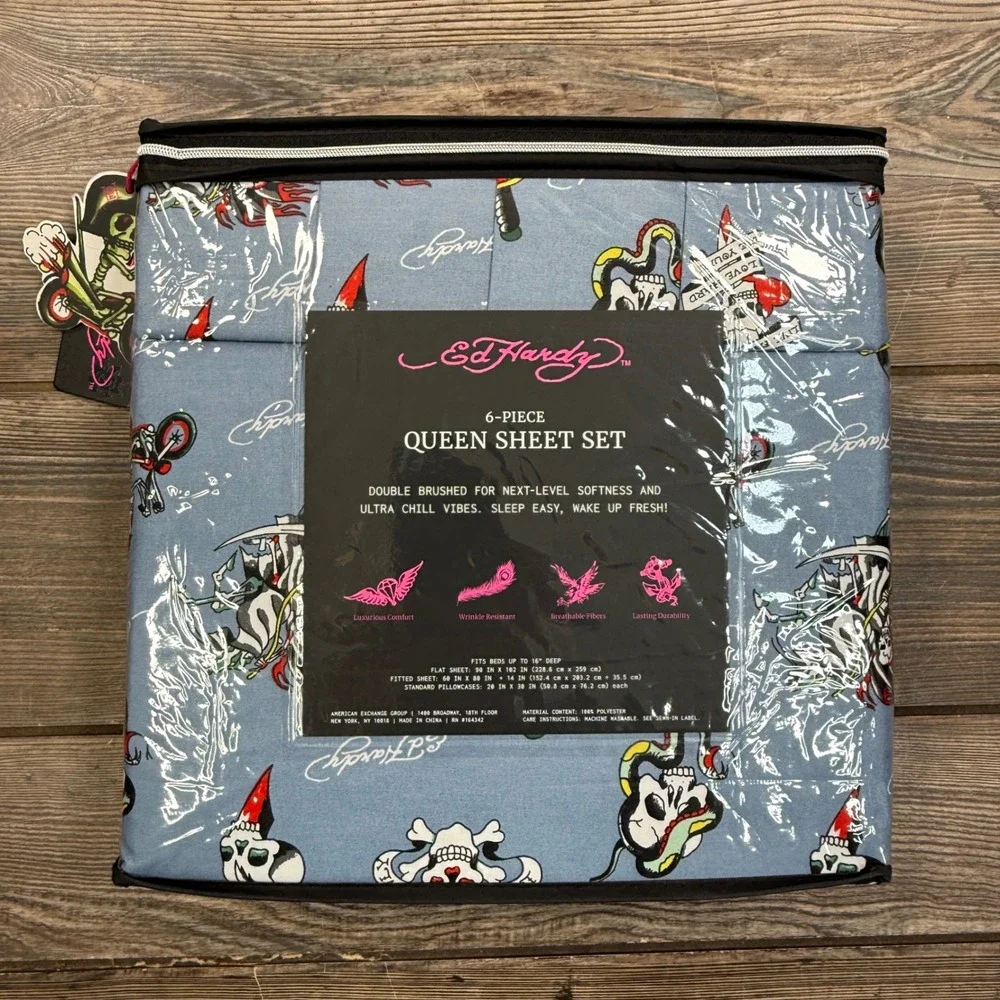Ed Hardy Queen Sheet Set‎ 6 Piece Blue Tattoo Print Skulls Dagger New